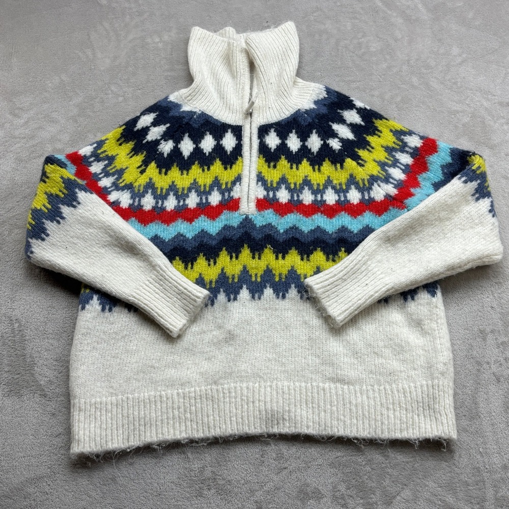 Aerie Quarter Zip Sweater Women Small Cream Fair Isle Nordic Knit Pullover Hygge